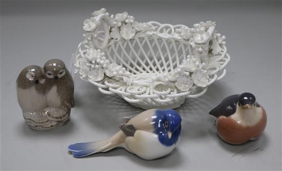 Three Royal Copenhagen birds and a Crown Derby basket